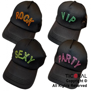SOMBRERO GORRA TRUCKER CON FRASES FLUO SURTIDO NEGRO x 1